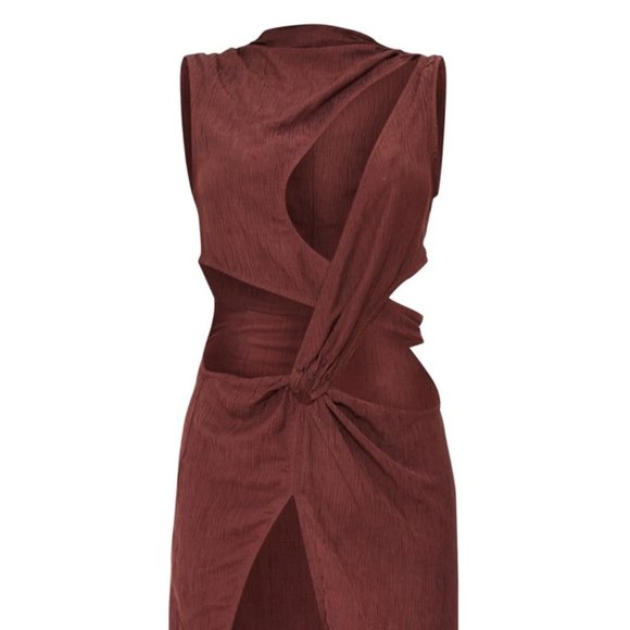 PrettyLittleThing Textured High Neck Cut Out Twist Midaxi Brown Midi Dress 10 - Picture 3 of 13